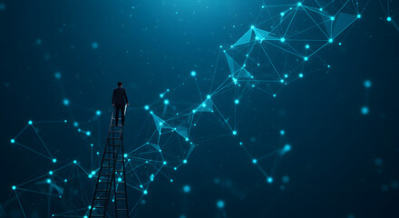 Poster - Man Climbing Ladder To Connect to Glowing Digital Network on Blue Background