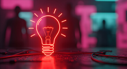 Poster - Red Glowing Light Bulb Symbolizing an Innovative Idea on a Black Surface with Figures in Background