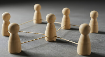 Poster - Wooden Figures Connected with String Symbolizing Teamwork and Connection on Gray Textured Surface