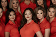 © Justins - Group Portrait Of Smiling Women In Red Uniforms With Diverse Beauty