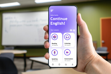 engaging mobile language learning app interface displayed in classroom setting focused on english sk