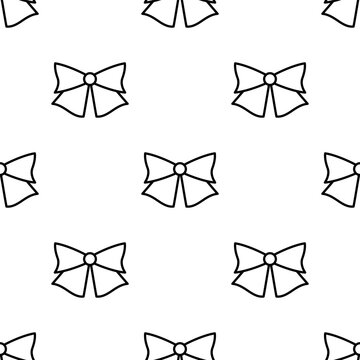 Hand drawn tied bow seamless pattern. Single line illustration. Line art bow tie. Tied ribbon in doodle style. Outline Decoration element. Isolated on white. Textile, fabric, texture design. Vector