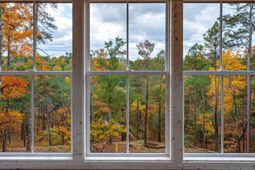 a picturesque view from a window showcasing vibrant autumn foliage and serene forest scenery under a