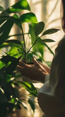Poster - a close up view of a hand delicately caressing the lush vibrant leaves of a thriving indoor plant cr