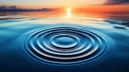 Poster - Water drop falling into the ocean capturing beautiful reflections on the surface under golden hour light showcasing nature's serenity and calm.
