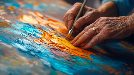 Poster - Artist's hands skillfully painting on a canvas demonstrating blending techniques to create beautiful textures and color harmonies in art.