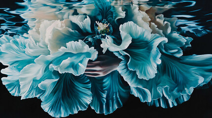 Poster - A close-up view of a flower with crystal clear water droplets enhancing its natural beauty under soft diffused light and bold brushwork.