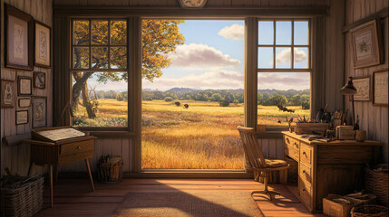 Poster - A beautifully decorated room with a stunning view of a field showcasing bold lively strokes in an artist's studio lit with natural light.