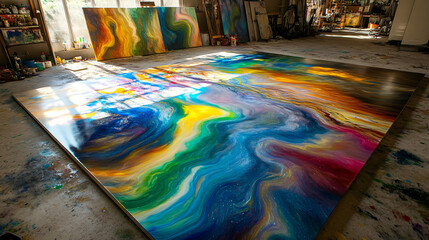 Poster - Professional artist creating a vibrant painting with brilliant contrasts in a beautiful studio filled with colorful supplies and inspiration.