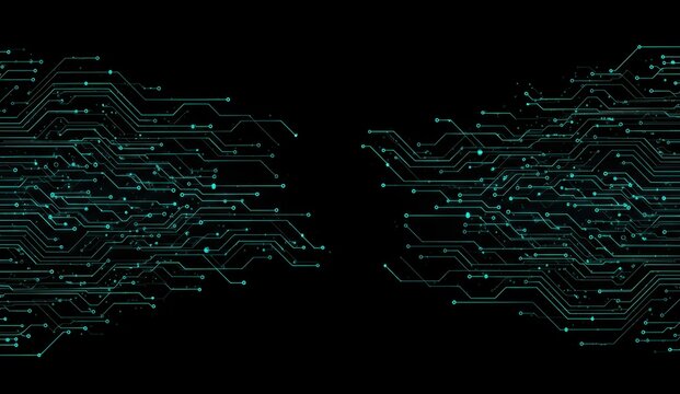 Abstract circuitry pattern in blue and green colors on black background representing technology and innovation.