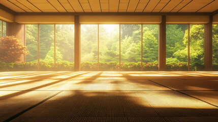 Poster - Minimalist room with a large window bathed in soft hues and natural light creating a calming and inviting atmosphere for relaxation.