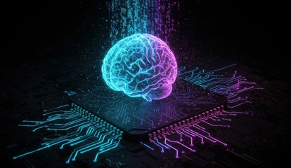 Neon brain on computer chip symbolizes artificial intelligence and digital technology concepts.