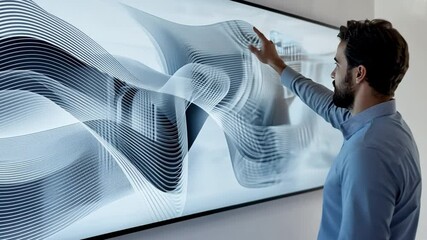 Poster - Interactive Tech: A man gestures towards an abstract digital display on a large screen, exploring interactive technology
