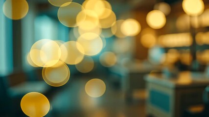 Wall Mural - abstract golden bokeh lights with teal accents creates an atmospheric blur in a cafe interior