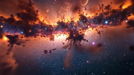 Wall Mural - Dramatic Swirling Nebula of Orange And Purple With Stars Against Dark Blue Space