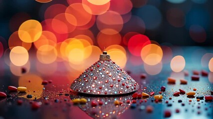 Wall Mural - festive ornament with confetti reflective surface and diffused orange and blue bokeh background