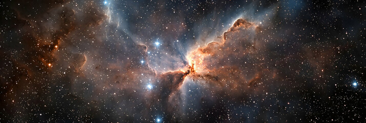 cosmic nebula with glowing orange and brown clouds in dark space
