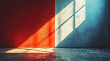 Poster - Bold and bright red wall meets deep blue wall seamlessly blending together to create a striking color merging effect in the space.