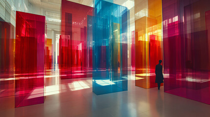 Poster - Individual standing gracefully in a room surrounded by colorful glass walls bathed in soft morning light creating a serene atmosphere.