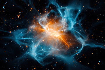 Wall Mural - a vibrant cosmic scene featuring swirling blue and orange gases amidst a backdrop of stars, evoking 