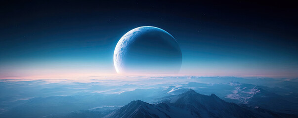 Wall Mural - a stunning cosmic landscape featuring a distant planet above rugged mountains, illuminated by a sere