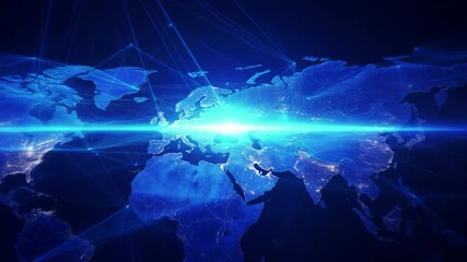 Poster - Visualize global interconnectedness: A stylized globe rotates amidst a glowing network of lines symbolizing connections and data transfer, highlighting the modern, technological, and interconnected wo