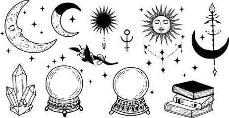 Modern hand drawn vector illustrations with magic symbols, crescent moon, sun, magic ball and books. Perfect for cards, embroidery, covers, prints
