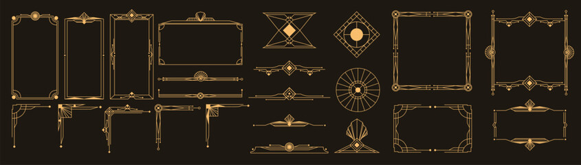 Aufkleber - Collection of geometric art deco ornament. Luxury golden decorative element with different line, frame, headers, dividers, borders, gatsby. Calligraphy ornament set vector.