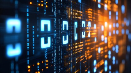 Digital data stream, server room background, glowing code