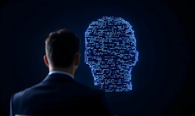 Poster - Businessman in Suit Interacting with Digital Head Visualization