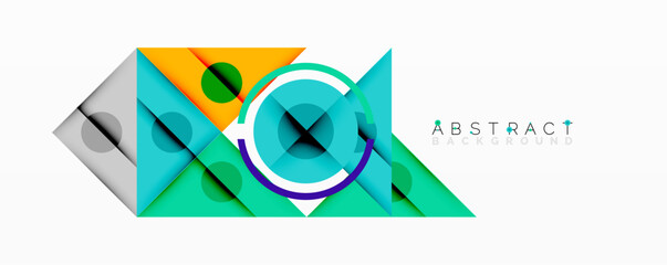 Wall Mural - Geometric abstract design with layered triangles, circles, and gradients, forming a structured pattern with sharp contrasts and depth