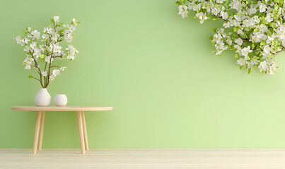 Poster - Dreamy Floral Arrangement on Table with Green Wall Background
