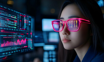 Poster - futuristic businesswoman using high-tech glasses in modern workspace