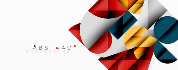 Wall Mural - Abstract geometric artwork with overlapping circles and gradients, circle square triangle shapes background featuring sharp angular cuts, smooth shading, and structured layered composition