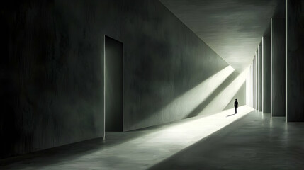 a lone figure in a dark concrete hallway lit by slender beams of light