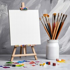 Poster - Close-up of a paintbrush resting on a blank white canvas ready for artistic creativity
