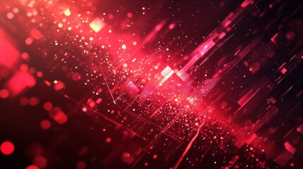 Poster - abstract red background with glowing particles and geometric shapes. illustration