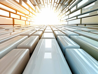 Poster - Abstract 3D Rendering of a Tunnel of Shiny White and Gray Cubes with Orange Accents