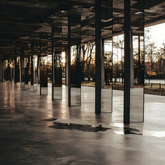 Poster - Abstract Architectural Interior with Mirrors and Sunset Reflections