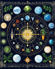 Poster - Artistic representation of solar system with planets and sun arranged in a circular orbit