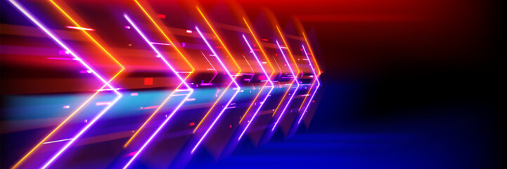 Poster - Futuristic neon glowing arrows moving at high speed, dynamic motion trail effect. Vivid shiny lines boost concept, abstract technology background with light strips. vibrant cyberpunk illustration.