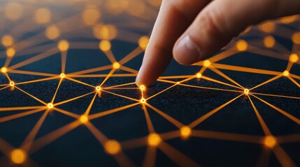 Poster - Close-Up View of a Finger Touching a Digital Network Connection with Glowing Nodes and Lines in Dark Background