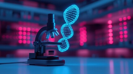 Poster - Futuristic Microscope with 3D DNA Visualization in a High-Tech Laboratory Environment