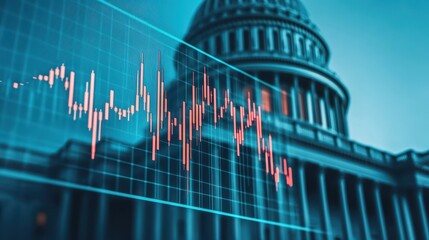 Poster - Financial Growth and Decline Chart Overlaying Iconic Government Building in Blue Tones
