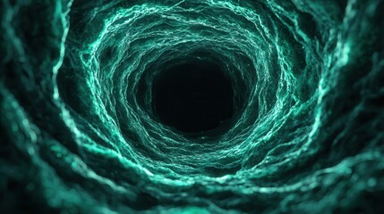 Poster - Abstract Deep Tunnel with Glowing Green Light and Dark Center Depicting Mystical Journey or Endless Spiral