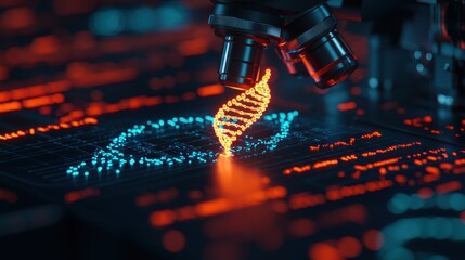 Poster - Colorful DNA Helix Visualization Under Microscope with Digital Technology Background for Science and Research