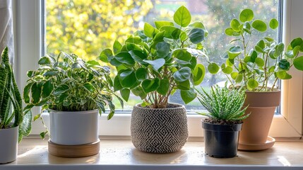 Poster - Bright and lush window sill filled with various green plants bringing nature indoors for fresh air