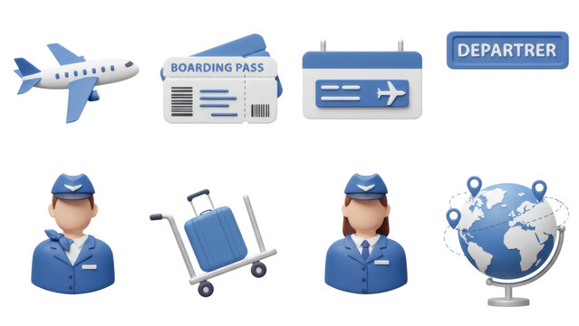 Cute Travel Elements Plane Flight Attendants Globe Ticket Calendar 3D Rendering