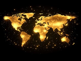 glowing golden world map on black background.