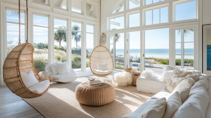 Aufkleber - A beautifully designed living room in a coastal home, featuring white a swinging chair, and panoramic ocean views through large windows